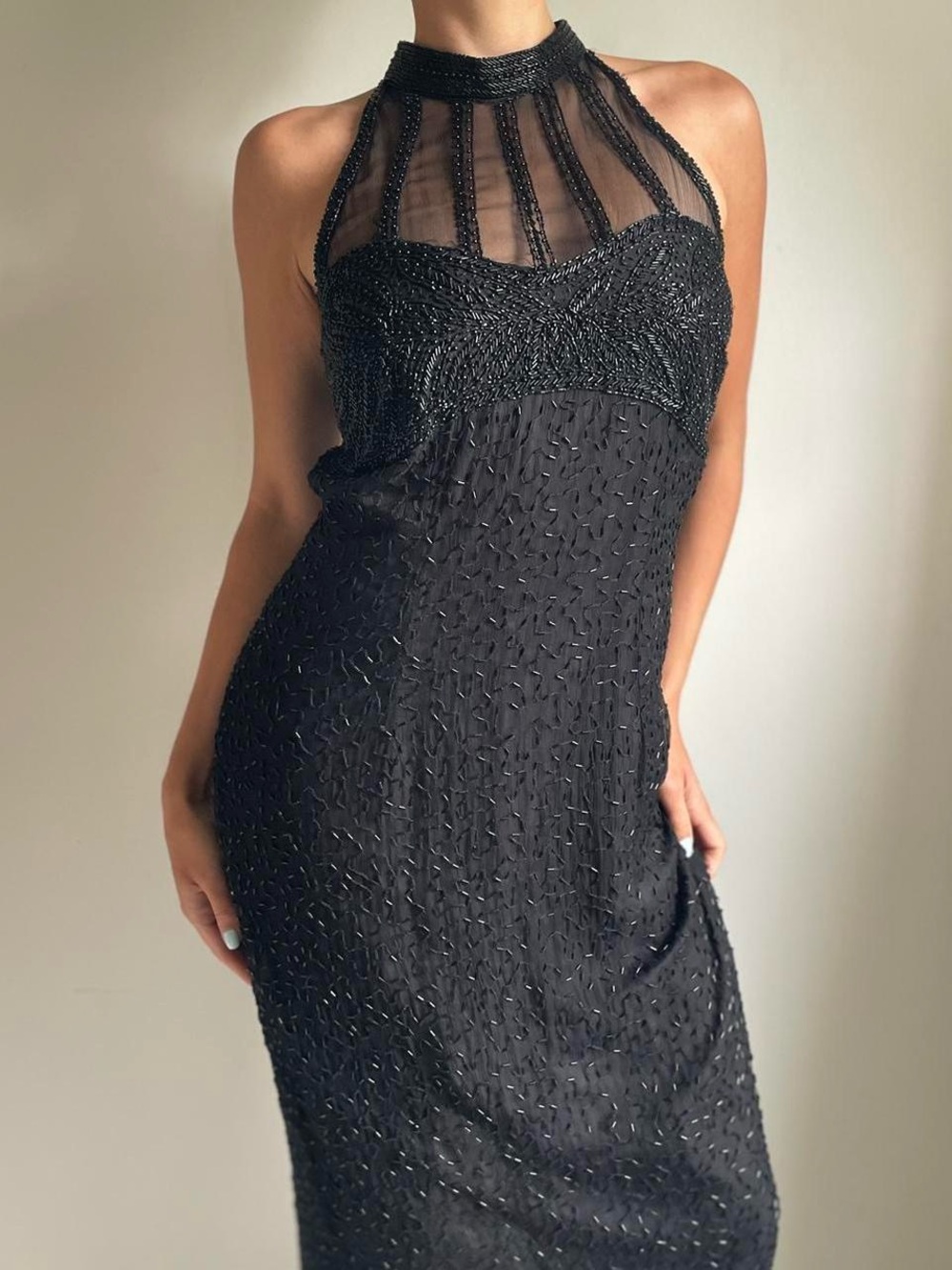 Sténay Vintage Silk Beaded Halter Evening Dress